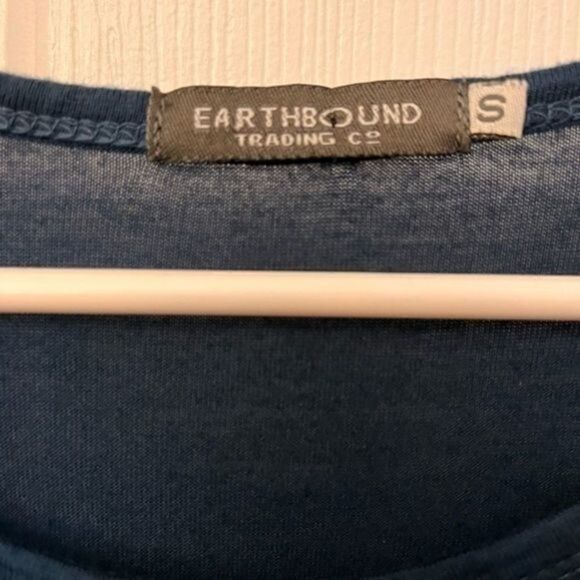 Earthbound small cold shoulder tunic top. Teal and brown. Ganesha graphic. - Picture 3 of 5